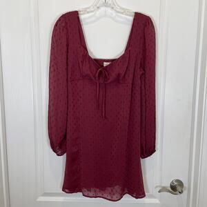 Altar'd State Babydoll Dress Milkmaid Burgundy Swiss‎ Dot Metallic Mini M